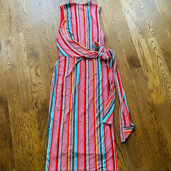 Alice and Olivia Sports Muiltistripes Delora Tie Waist Mock Neck Jersey Midi - Picture 10 of 15